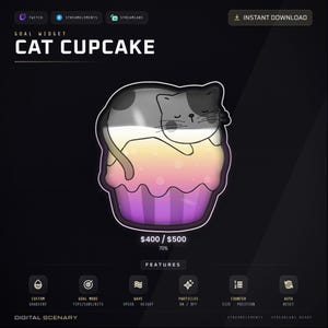 May include: A digital goal widget titled Cat Cupcake featuring a gray and white cat resting on a cupcake with a gradient of yellow, pink, and purple. The interface displays a progress bar at 70% with $400 / $500, plus icons for custom settings.