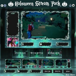 May include: A Halloween-themed stream pack with a spooky design. The pack includes various overlay elements, such as a main display frame, chat box, and scene transitions. The text "Halloween Stream Pack" is at the top, with additional text elements like "Starting Row" and "About Me".