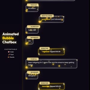 May include: Animated bubble chatbox graphic with customizable color, font, and events. The chat bubbles display user comments and donation amounts. The text includes phrases like "W stream" and "just followed!"