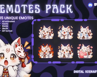 Animiertes Emote-Paket mit weißem Kitsune-Fuchs | 15 einzigartige Twitch-Discord-GIFs im Kawaii-Anime-Stil (japanisch) – Digitaler Download