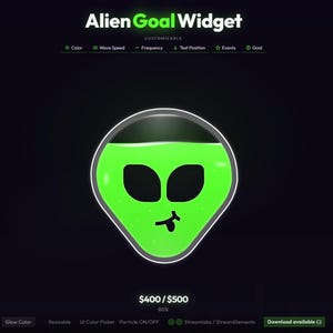 May include: A digital graphic for an "Alien Goal Widget" with a green alien head design. The alien head is filled with green liquid and has black eyes and a tongue sticking out. The text "Alien Goal Widget" is at the top.