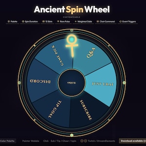 Puede incluir: Interfaz digital de "Ancient Spin Wheel" personalizable. La rueda presenta secciones etiquetadas como "Game Pick", "Discord", "Tip Goal", "Subscribe", "Just Chat" y "Q&A". El diseño incluye detalles dorados y el texto "Ancient Spin Wheel".