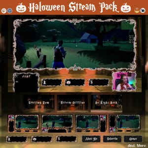 Könnte beinhalten: Ein Halloween-Stream-Paket mit einem dekorativen Rahmen. Das Paket enthält verschiedene Bildschirme wie "Starting Row", "Stream Offline" und "Be Right Back". Das Paket enthält auch Schaltflächen für "About Me", "Subscribe" und "Games".