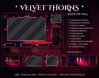Velvet Thorns Stream Package Animated Twitch Overlays | Gothic Fantasy OBS Streaming Kit Panels Screens Frames Chat