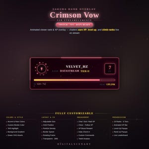 Puede incluir: Una interfaz digital para plataformas de streaming titulada Crimson Vow, con un marco rectangular oscuro y bordes rosas brillantes. Muestra un nombre de usuario, rango, nivel 7 y una barra de progreso de XP animada con valores numéricos.