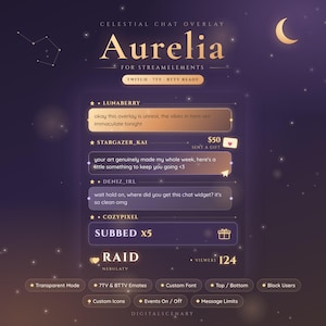 Op de afbeelding: Een digitale chat-overlay genaamd Aurelia voor StreamElements met een donkerpaars hemels thema, gouden tekst, een maansikkel en sterrenbeelden. De interface toont chatberichten, donatiemeldingen, abonnementsmeldingen en raid-informatie.