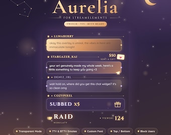 Aurelia Celestial Chat Overlay Animated Twitch Stream Package | Starry Purple Gold OBS Widget 7tv BTTV Ready Custom Modern