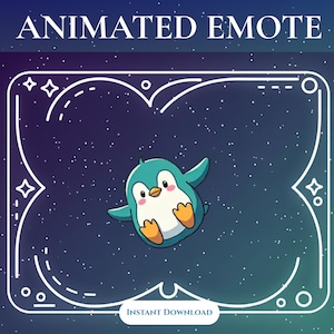 Könnte beinhalten: Ein animiertes Emote mit einem Cartoon-Pinguin mit türkisfarbenen und orangefarbenen Akzenten, der in einem sternenklaren Nachthimmel schwebt. Das Bild enthält den Text "ANIMATED EMOTE" oben und "INSTANT DOWNLOAD" unten, umrahmt von einem weißen dekorativen Rahmen.