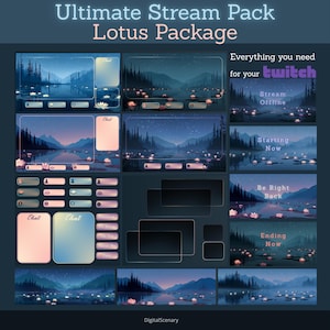 Lotus Stream Overlay Pack – Twitch, Streamer VTuber OBS Bundle with Animated Overlays, Panels, Chatboxes, Frames, Banners, Wallpapers & More