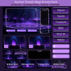 Antique Temple Stream Overlay Pack – Animierte Fantasy Twitch Hintergründe, Panels, Bildschirme, Chatboxes & Banner | Sofort Download, Lila
