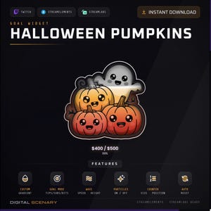 May include: A digital goal widget for streaming featuring a central graphic of two orange pumpkins and a white ghost with large black eyes. The interface displays the text HALLOWEEN PUMPKINS, a progress bar showing 400 / 500, and feature icons.