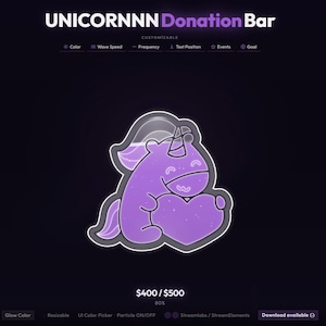 May include: A purple unicorn graphic with a heart, part of a donation bar design. The text "UNICORNNN Donation Bar" is at the top. The design includes options for color, wave speed, and text position. The goal is $400/$500.
