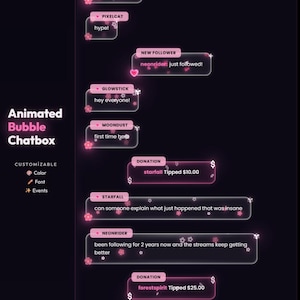 Peut inclure: Conception de chatbox à bulles animées avec couleur, police et événements personnalisables. Le design présente des bulles de discussion roses et blanches avec des noms d'utilisateur et des messages, y compris les montants des dons et les notifications de followers.