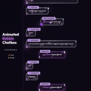 Superposición de chat animada morada para Twitch / Widget de chat de burbujas / StreamElements OBS / Alerta de evento de transmisión / Ventana emergente de donación de seguidores