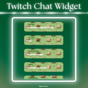 May include: A digital graphic of a Twitch Chat Widget. The widget displays several chat messages with usernames and text. The background is green with a white border. Each chat message has a green background with snail illustrations.