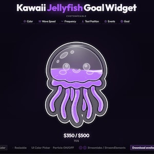 May include: A Kawaii Jellyfish Goal Widget graphic with a purple jellyfish design. The jellyfish has a smiling face and flowing tentacles. The text "Kawaii Jellyfish Goal Widget" is at the top. The widget is customizable with options for color, wave speed, and frequency.
