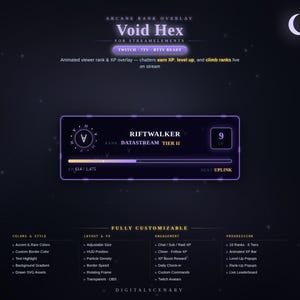 May include: A digital Arcane Rank Overlay titled Void Hex for StreamElements, featuring a dark purple theme with a glowing rectangular frame, a level 9 indicator, a progress bar, and text elements including Riftwalker and Datastream Tier II.