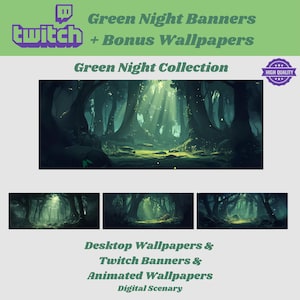 Green Night Wallpaper Bundle, Animated & Static Desktop Backgrounds, Twitch Banners, Dark Forest Aesthetic, Instant Download