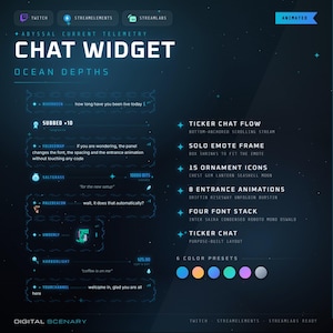 May include: A dark blue digital chat widget overlay titled Abyssal Current Telemetry Ocean Depths. It features a scrolling chat stream with decorative borders, six colour presets, and text detailing features like ticker chat flow, emote frames, and animations.