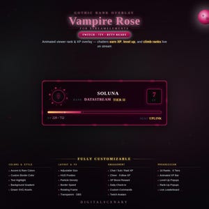 Puede incluir: Una superposición digital para streaming titulada Vampire Rose, con un fondo oscuro y detalles en rosa. La interfaz muestra el nombre de usuario Soluna, el rango Datastream Tier II, nivel 7 y una barra de progreso de XP con el texto XP 220/752.