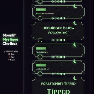 Può includere: Grafica digitale verde scuro con il testo "Moonlit Mystique Chatbox". L'immagine mostra elementi di chatbox personalizzabili con nomi utente, notifiche di follower e una sezione di mance. Il design include motivi di luna e stelle.