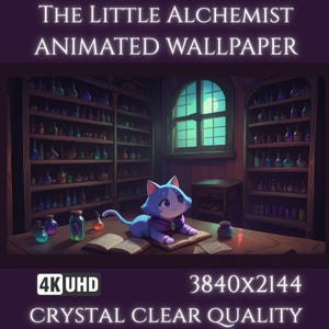 May include: The Little Alchemist Animated Wallpaper 4K UHD 3840x2144 Crystal Clear Quality. A blue cat with large eyes sits on an open book at a wooden table in a room with shelves filled with colorful potion bottles and a window.