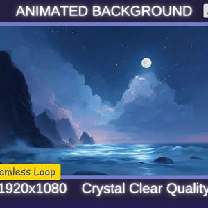 Puede incluir: Imagen de fondo animada de un paisaje marino a la luz de la luna. La escena presenta una luna llena, un cielo estrellado y olas del océano. La imagen está etiquetada como "Animated Background HD", "Seamless Loop" y "Crystal Clear Quality". La resolución es 1920x1080.