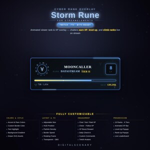 Storm Rune Animated Twitch Overlay | XP Level Up Viewer Progression OBS StreamElements Twitch Kit SciFi HUD Design Digital Game