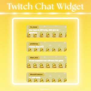 Peut inclure: Un design de widget de chat Twitch jaune avec une bordure blanche lumineuse. Le widget affiche quatre boîtes de chat avec des noms d'utilisateur et des messages, chacune décorée de graphiques de canards jaunes. Le texte "Twitch Chat Widget" est en haut.