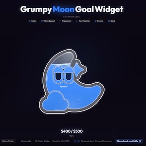 May include: A blue cartoon moon character with a grumpy expression, wearing a nightcap and a star. The image is labeled "Grumpy Moon Goal Widget" and includes customization options. The background is dark blue.