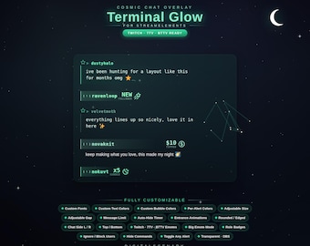Terminal Glow Cosmic Chat Stream Overlay Animated Twitch OBS Kit | Custom Modern Sci-fi Dark Neon StreamElements Alerts Layout