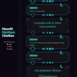 Può includere: Un design di overlay digitale blu scuro con accenti turchese, con caselle di testo per le notifiche dei follower e una sezione di suggerimenti. La sovrapposizione include grafiche a mezzaluna e stella, con il testo "Moonlit Mystique Chatbox".
