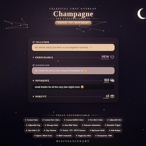 May include: A dark purple digital chat overlay titled Champagne for StreamElements with a celestial theme. It features user names like Vellichor, Ferncradle, Ravenloop, Novaknit, and Nokuvt, with sample chat messages, icons, and a list of customizable features.