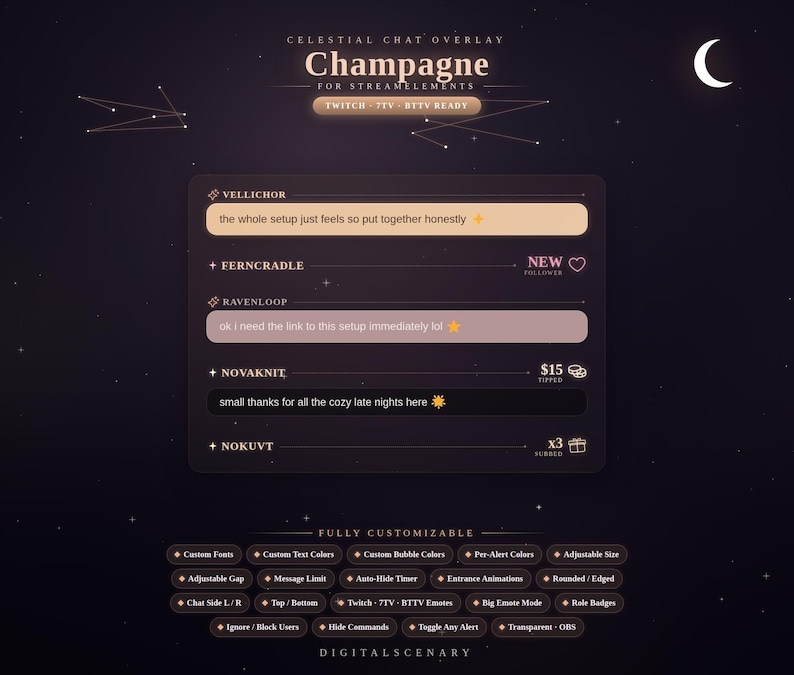 May include: A dark purple digital chat overlay titled Champagne for StreamElements with a celestial theme. It features user names like Vellichor, Ferncradle, Ravenloop, Novaknit, and Nokuvt, with sample chat messages, icons, and a list of customizable features.