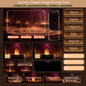 May include: A digital art pack with an ancient temple theme. The pack includes overlays, backgrounds, panels, and banners. The color palette is primarily brown, orange, and gold. The text includes "Ancient Temple Mega Stream Pack" and various streaming-related labels.
