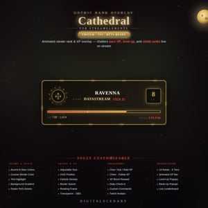 May include: A digital overlay for streaming featuring the text Cathedral, Ravenna, and Datastream Tier II. The interface includes a level 8 indicator, an experience bar with numerical progress, and a dark background with gold-toned borders and accents.