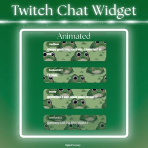 May include: A green animated Twitch chat widget with frog pixel art. The widget displays chat messages with usernames and text. The text includes phrases like "Always predicting you I'll win" and "КАК ТЫ БРАТИШКА?"
