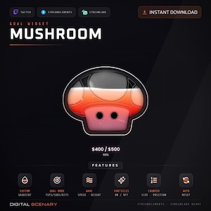 May include: A digital goal widget graphic titled MUSHROOM featuring a stylized red and white mushroom icon with a progress bar showing 400 / 500. The interface includes text labels for Twitch, Streamelements, Streamlabs, and feature settings.