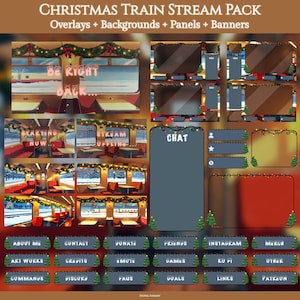 Op de afbeelding: Een digitaal kersttrein-stroompakket met overlays, achtergronden, panelen en banners. Het ontwerp toont een treininterieur met feestelijke decoraties en tekst zoals "Be Right Back" en "Starting Now". Inclusief chatboxen en social media knoppen.