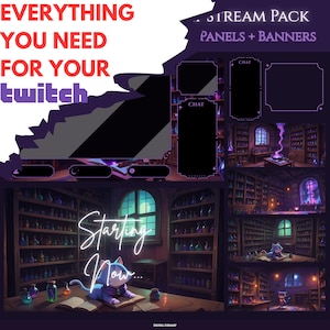 Whimsical Potion Cat Stream Pack, Magical Witch Twitch Overlay Bundle, Animated Fantasy Stream Package, OBS Overlays Panels Backgrounds
