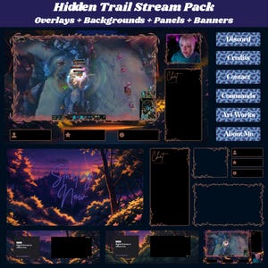 Peut inclure: Un pack de stream numérique intitulé "Hidden Trail" avec des overlays, des arrière-plans, des panneaux et des bannières. Le design présente une palette de couleurs bleu foncé et violet avec un thème nature. Le pack comprend une boîte de chat, des sections de profil et des liens sociaux.