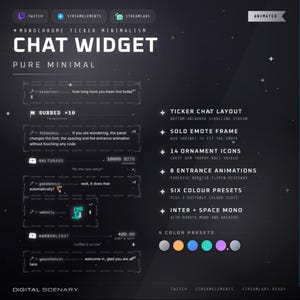 May include: A digital chat widget overlay for streaming featuring a dark background with white text. It displays various chat box examples, ticker layout options, ornament icons, entrance animations, and six color presets. Text includes "MONOCHROME TICKER MINIMALISM CHAT WIDGET PURE MINIMAL" and "DIGITAL SCENARY".