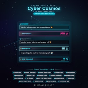 May include: A digital chat overlay titled Cyber Cosmos for StreamElements, featuring a dark blue background with glowing neon text boxes. It displays sample user messages, follower alerts, and tip notifications with customizable settings listed below.