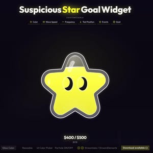 Może przedstawiać: Cyfrowa grafika żółtego widgetu w kształcie gwiazdy z przezroczystym, wypełnionym płynem wierzchem. Widget ma dwa czarne oczy w kształcie półksiężyca i biały kontur. U góry znajduje się tekst "Suspicious Star Goal Widget".