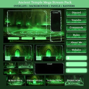 May include: A digital art pack with an ancient temple theme. The pack includes overlays, backgrounds, panels, and banners in shades of green. Text on the image includes "Ancient Temple Mega Stream Pack" and various chat and stream status options.