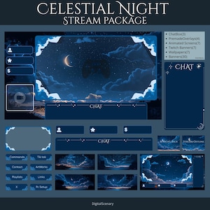 Celestial Night Stream Paket - Animierte Overlays, Twitch Panels, Banners, Chat, Bildschirme, Hintergrundbilder mehr - VTuber Gamer OBS Bundle