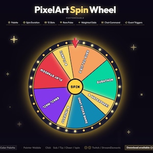 Könnte beinhalten: Ein farbenfrohes PixelArt Spin Wheel mit dem Wort "SPIN" in der Mitte. Das Rad ist in Segmente unterteilt, die Text wie "PLAY STARDEW" und "WATERPARKI" enthalten. Es ist anpassbar und bietet Optionen für Palette, Spindauer und gewichtete Wahrscheinlichkeiten.