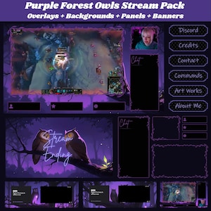 Peut inclure: Un pack de stream numérique "Purple Forest Owls" avec des superpositions, des arrière-plans, des panneaux et des bannières. Le design présente un thème de forêt violette avec des hiboux, des boîtes de chat et des boutons "Discord", "Crédits", "Contact", "Commandes", "Art Works" et "About Me".