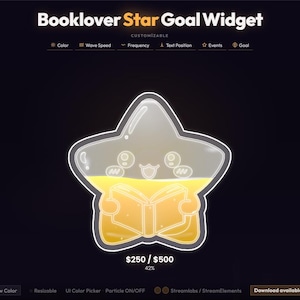 May include: A digital graphic of a star-shaped widget with the text "Booklover Star Goal Widget." The widget features a cartoon star holding a book, with a yellow progress bar. The background is dark.