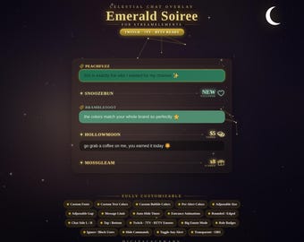 Emerald Soiree Celestial Stream Package Animated Twitch Overlays | Starry Night OBS Chat Alerts Kit StreamElements 7tv BTTV Customizable
